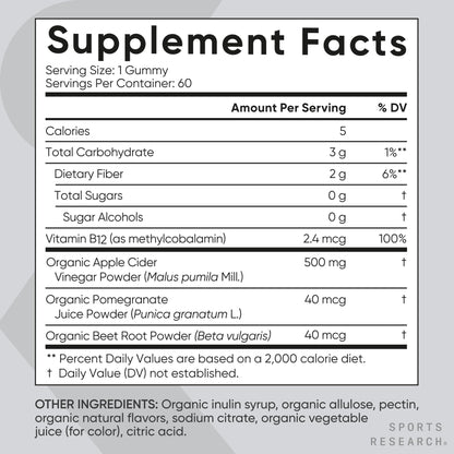 Sports Research Organic Apple Cider Vinegar Gummies - for Diet Cleanses & Digestion | 500mg | Non-GMO Tested, Certified Vegan, Gluten Free ACV - 60 Gummies for Adults, 1 Month Supply - Maple Wellness Supplements
