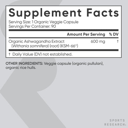 Sports Research® Organic Ashwagandha – Adaptogen for Relaxation, Calm & Sleep Support – Made with Organic KSM-66® – 600 mg – Non-GMO Verified, Gluten-Free, Certified Vegan – 90 Veggie Capsules - Maple Wellness Supplements