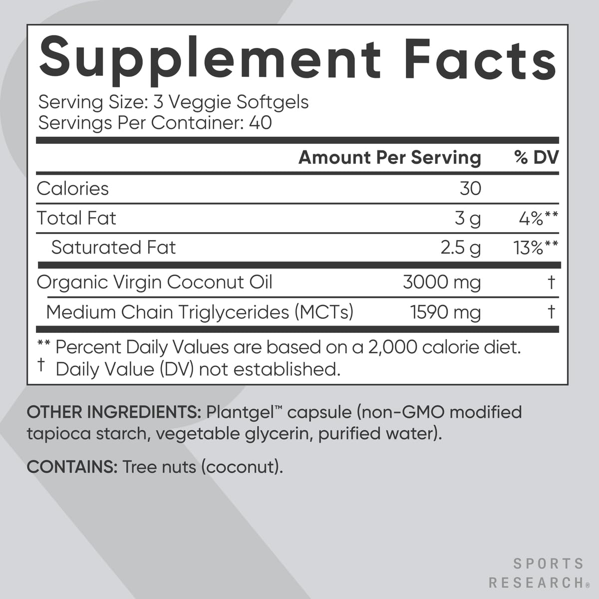 Sports Research® Organic Coconut Oil Capsules 3000MG - Cold Pressed Extra Virgin Coconut Oil with Medium Chain Triglycerides (MCTs) - Vegan Friendly & Non-GMO Verified - 120 Softgels - Maple Wellness Supplements