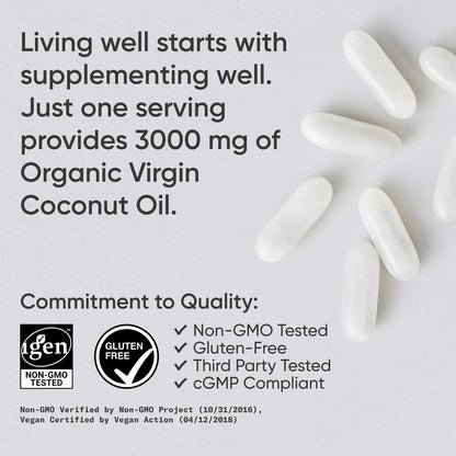 Sports Research® Organic Coconut Oil Capsules 3000MG - Cold Pressed Extra Virgin Coconut Oil with Medium Chain Triglycerides (MCTs) - Vegan Friendly & Non-GMO Verified - 120 Softgels - Maple Wellness Supplements