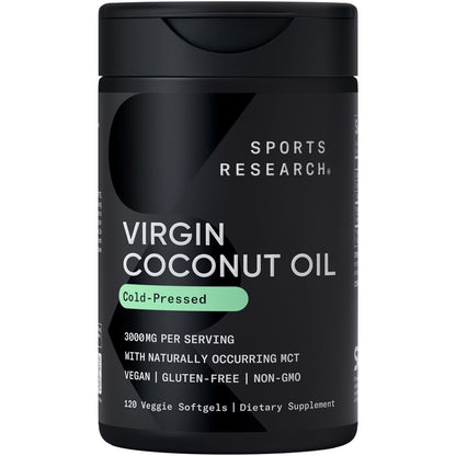 Sports Research® Organic Coconut Oil Capsules 3000MG - Cold Pressed Extra Virgin Coconut Oil with Medium Chain Triglycerides (MCTs) - Vegan Friendly & Non-GMO Verified - 120 Softgels - Maple Wellness Supplements