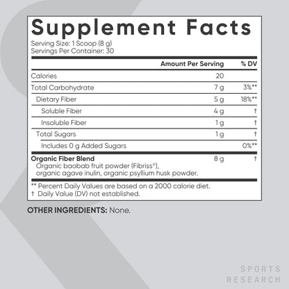 Sports Research® Organic Fiber Unflavored – Organic Fiber Powder - Daily Psyllium Husk and Prebiotic Agave Inulin, Helps Maintain Regularity* with Soluble & Insoluble Fiber - Easy to Mix, 30 Servings - Maple Wellness Supplements