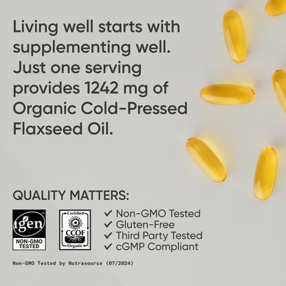Sports Research Organic Flaxseed Oil Softgels 1242mg - Plant Based Omega 3 Supplement with 720mg ALA for Women & Men - Non-GMO, Soy & Gluten Free (200 Count) - Maple Wellness Supplements