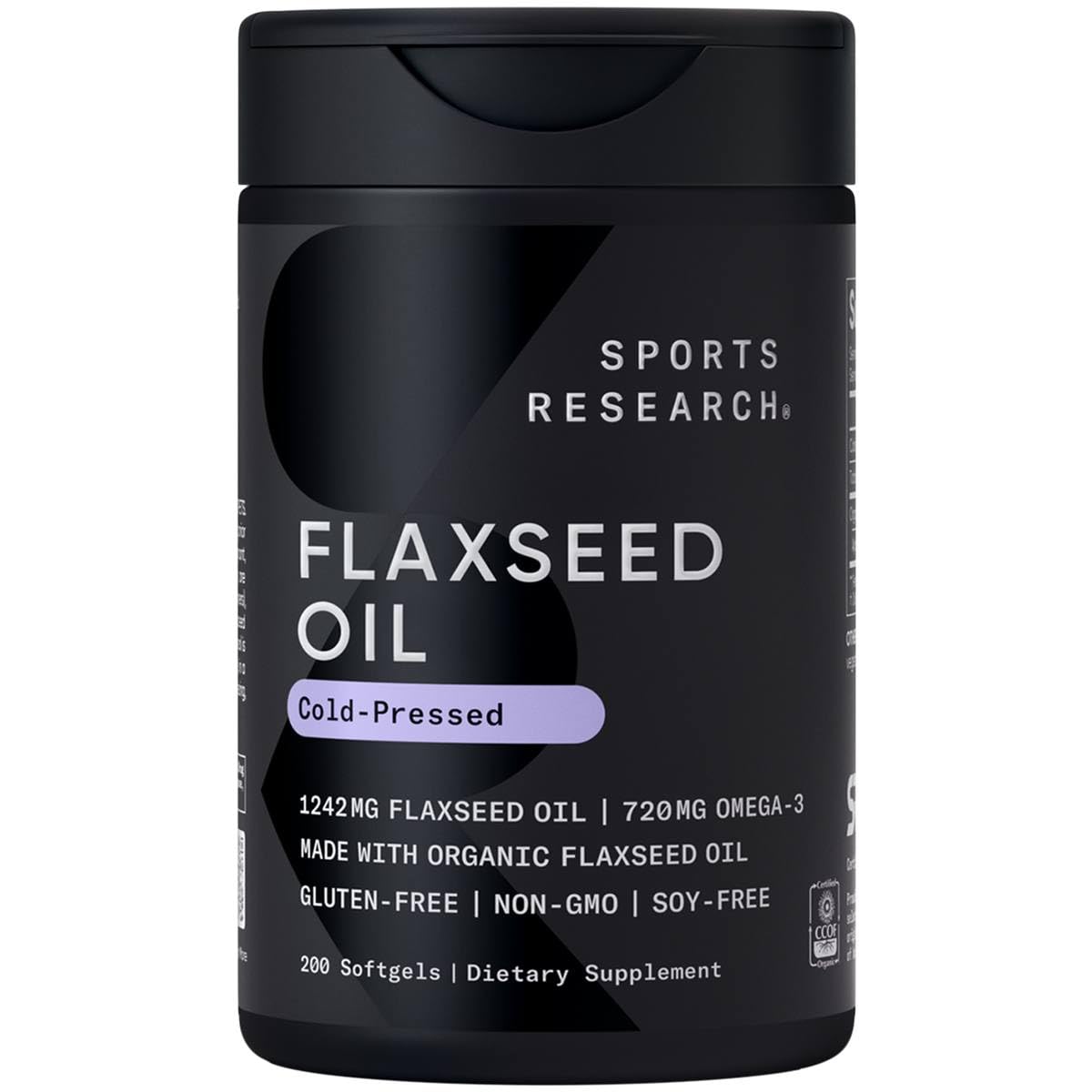 Sports Research Organic Flaxseed Oil Softgels 1242mg - Plant Based Omega 3 Supplement with 720mg ALA for Women & Men - Non-GMO, Soy & Gluten Free (200 Count) - Maple Wellness Supplements
