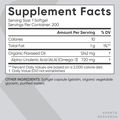 Sports Research Organic Flaxseed Oil Softgels 1242mg - Plant Based Omega 3 Supplement with 720mg ALA for Women & Men - Non-GMO, Soy & Gluten Free (200 Count) - Maple Wellness Supplements