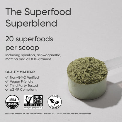 Sports Research® Organic Greens Superfood Powder w/Spirulina & Chlorella, Adaptogens, Enzymes, Probiotics & 8 VIT Bs for Gut & Mood Support* - Vegan, Sugar-Free & Low-Cal Original 20 Servings - Maple Wellness Supplements