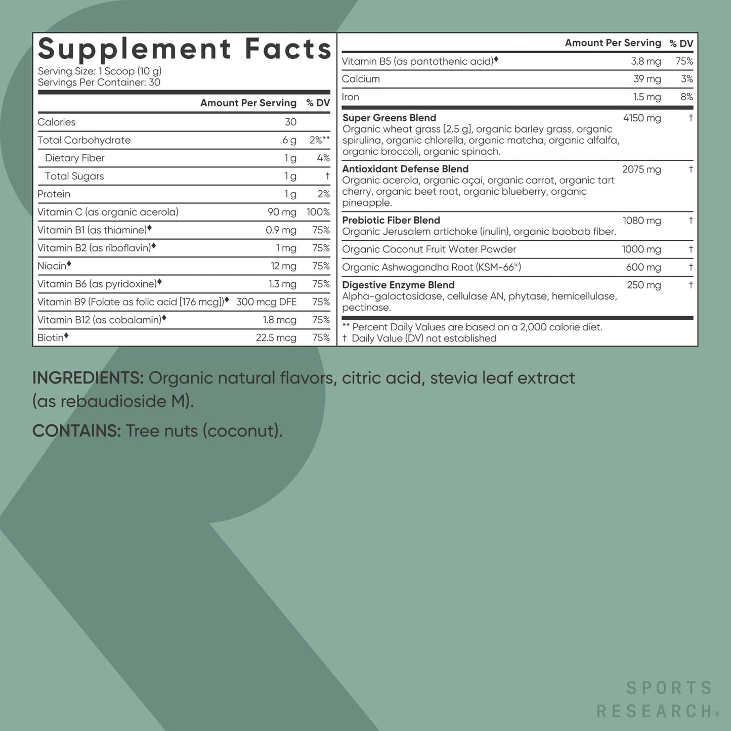 Sports Research® Organic Greens Superfood Powder w/Spirulina & Chlorella, Adaptogens, Enzymes, Probiotics & 8 VIT Bs for Gut & Mood Support* - Vegan, Sugar-Free & Low-Cal Original 30 Servings - Maple Wellness Supplements
