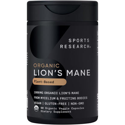 Sports Research® Organic Lion's Mane Mushroom Supplement 1800mg - Brain Health, Focus & Cognitive Supports - USDA Certified Organic · Non-GMO · Vegan - 90 Count Capsules - Maple Wellness Supplements