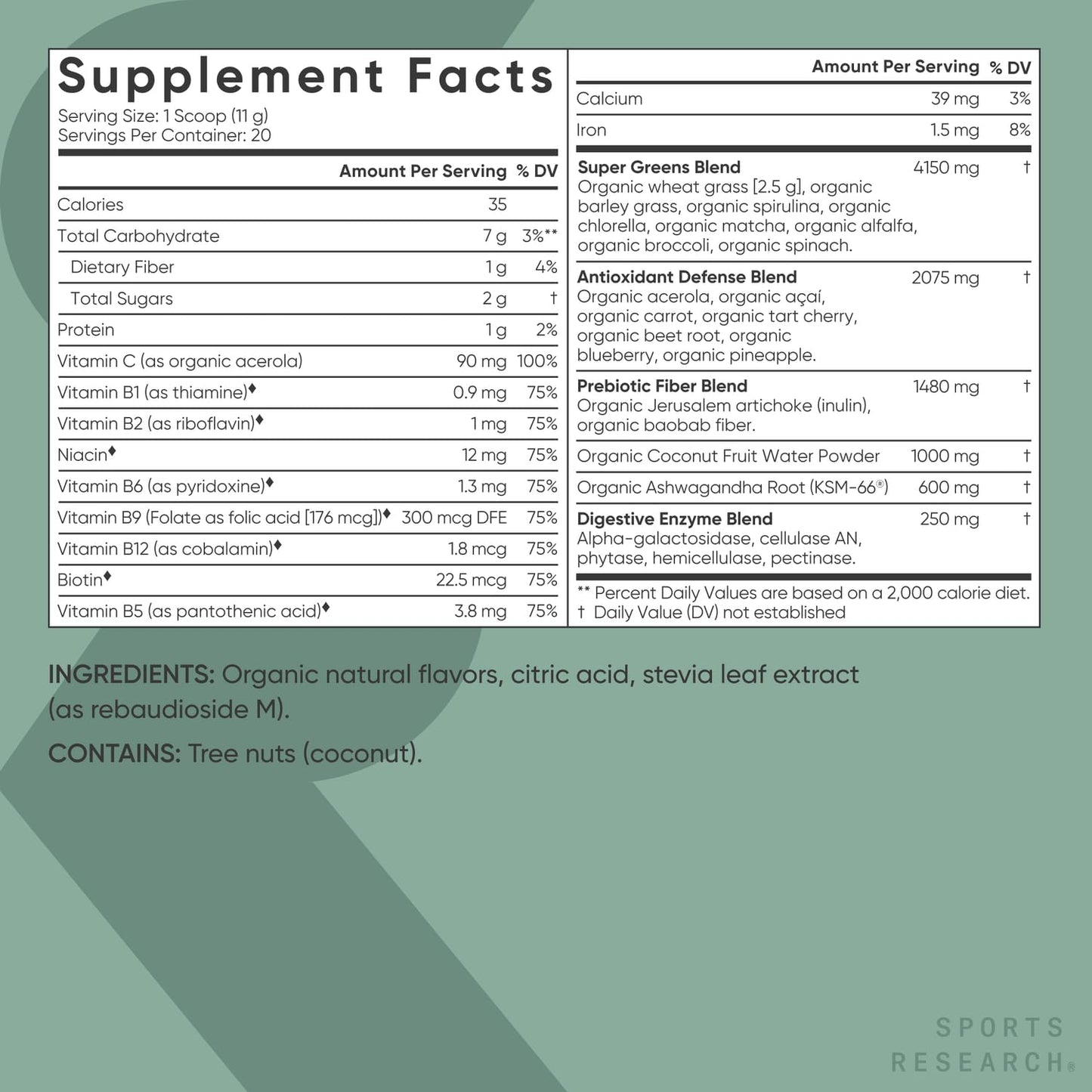 Sports Research® Organic Pineapple Coconut Greens - Digestive Health, Natural Energy & Mood Support* - Certified Organic Powder - 20 Servings - Maple Wellness Supplements