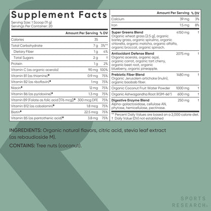 Sports Research® Organic Pineapple Coconut Greens - Digestive Health, Natural Energy & Mood Support* - Certified Organic Powder - 20 Servings - Maple Wellness Supplements