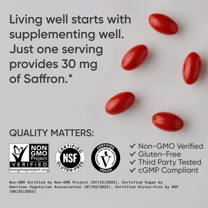 Sports Research® Pure Saffron Supplement, 30 mg - Mood & Stress Support - Made w/Affron® Saffron Extract - Vegan Certified · Non-GMO · Gluten Free – 60 Veggie Softgels - Maple Wellness Supplements