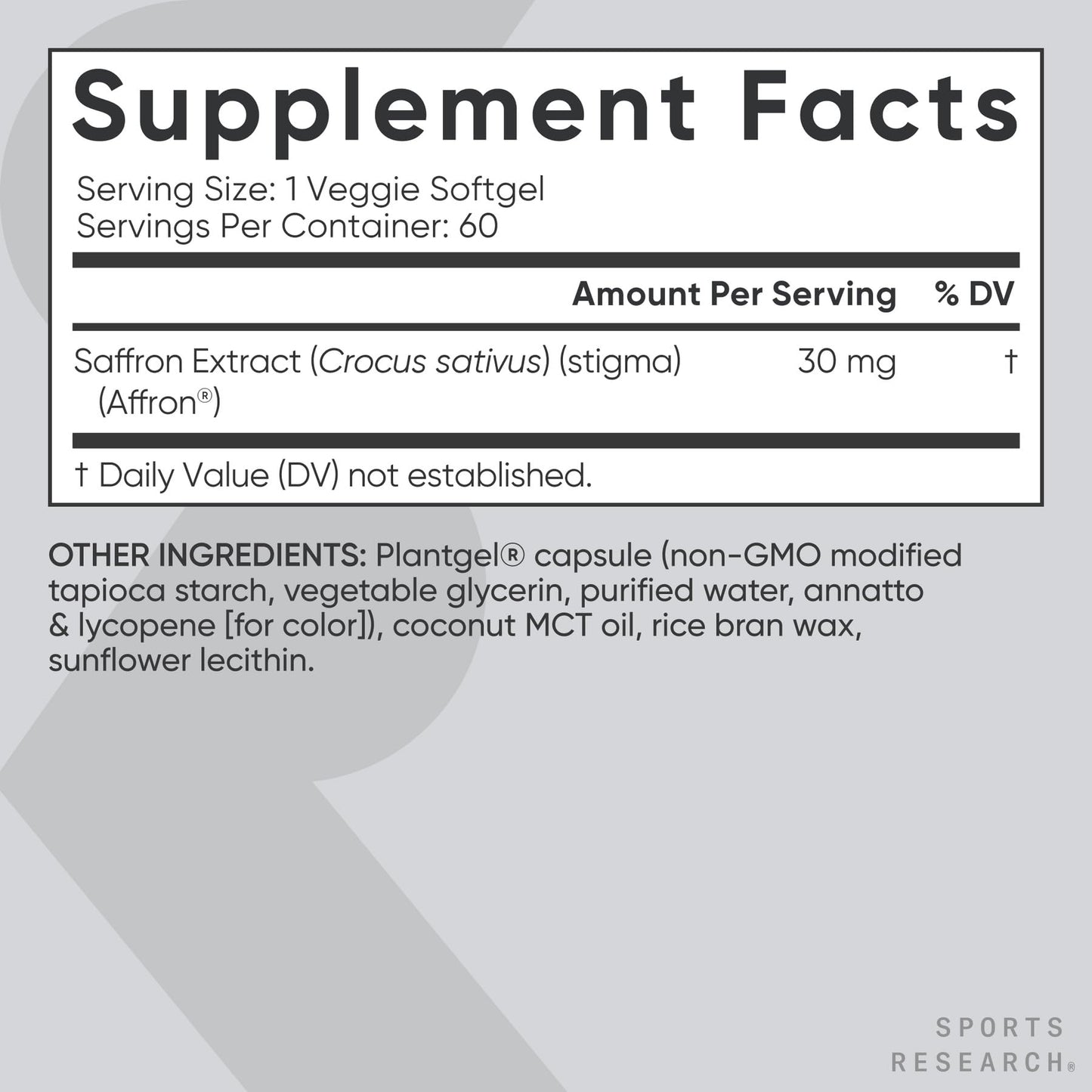 Sports Research® Pure Saffron Supplement, 30 mg - Mood & Stress Support - Made w/Affron® Saffron Extract - Vegan Certified · Non-GMO · Gluten Free – 60 Veggie Softgels - Maple Wellness Supplements