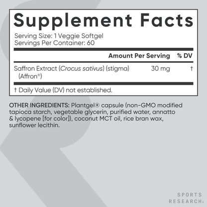 Sports Research® Pure Saffron Supplement, 30 mg - Mood & Stress Support - Made w/Affron® Saffron Extract - Vegan Certified · Non-GMO · Gluten Free – 60 Veggie Softgels - Maple Wellness Supplements