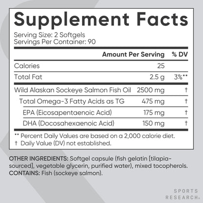 Sports Research® Salmon Oil - Single-Source Wild Alaskan Sockeye | 2500 mg per Serving w/EPA & DHA Fatty Acids | MSC Certified - 180 Count Softgels - Maple Wellness Supplements