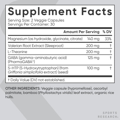 Sports Research® Sleep Complex- Melatonin-Free Vegan Capsules - with Valerian Root, GABA, L-Theanine, Magnesium & 5-HTP - 30 Servings - Maple Wellness Supplements