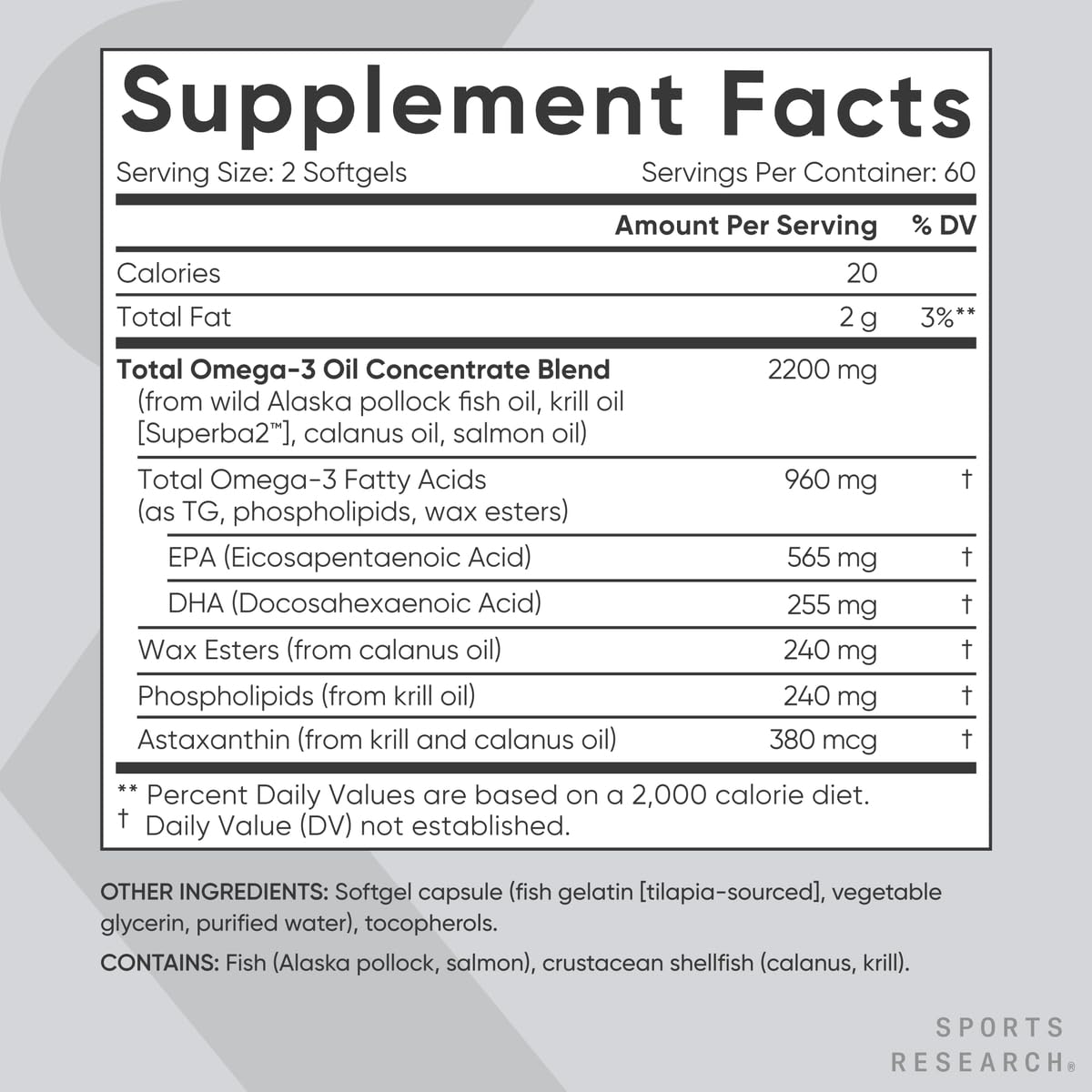 Sports Research® Total Omega-3 Fish Oil 2200mg - Made from Antarctic Krill w/Astaxanthin, Wild Sockeye Salmon & Alaska Pollock - 960mg of EPA & DHA - 120 Softgels - Maple Wellness Supplements