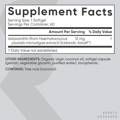 Sports Research® Triple Strength Astaxanthin 12mg w/Organic Coconut Oil - Antioxidant Supplement for Skin & Eye Health Support* - Soy Free · Non-GMO · Gluten Free - 60 Softgels - Maple Wellness Supplements