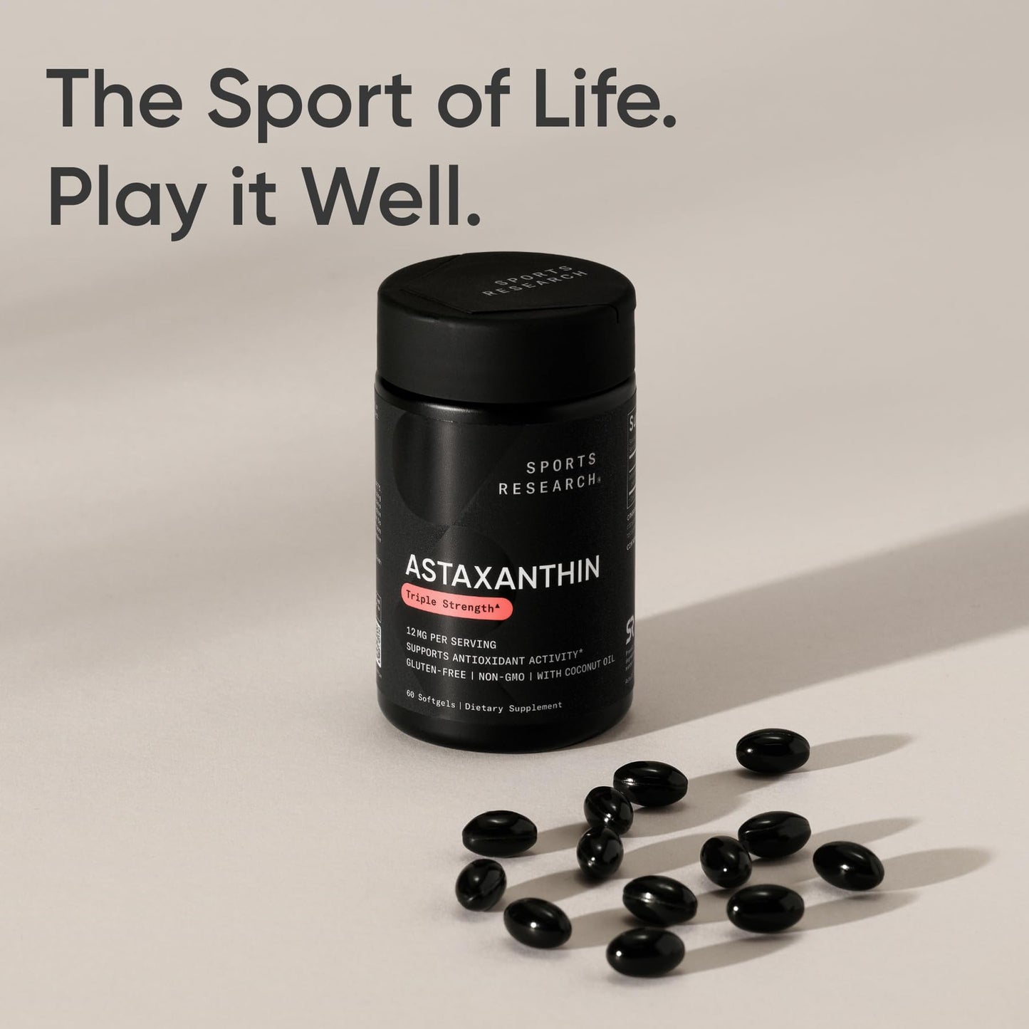 Sports Research® Triple Strength Astaxanthin 12mg w/Organic Coconut Oil - Antioxidant Supplement for Skin & Eye Health Support* - Soy Free · Non-GMO · Gluten Free - 60 Softgels - Maple Wellness Supplements