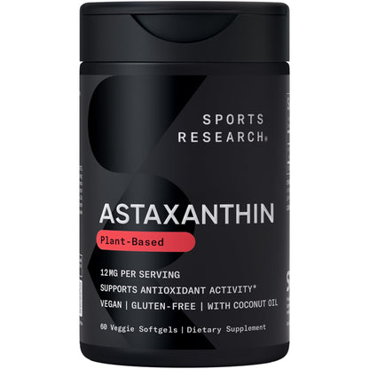 Sports Research Triple Strength Vegan Astaxanthin Supplement from Algae - Plant Based Softgels for Antioxidant Activity, Skin & Eye Health - Non-GMO Verified, Made with Coconut Oil - 12mg, 60 Count - Maple Wellness Supplements