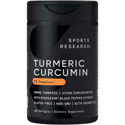 Sports Research® Turmeric Curcumin C3 Complex® w/BioPerine Black Pepper Extract & Organic Coconut Oil - Standardized 95% Curcuminoids · Non-GMO · Gluten Free - 120 Count Softgels - Maple Wellness Supplements