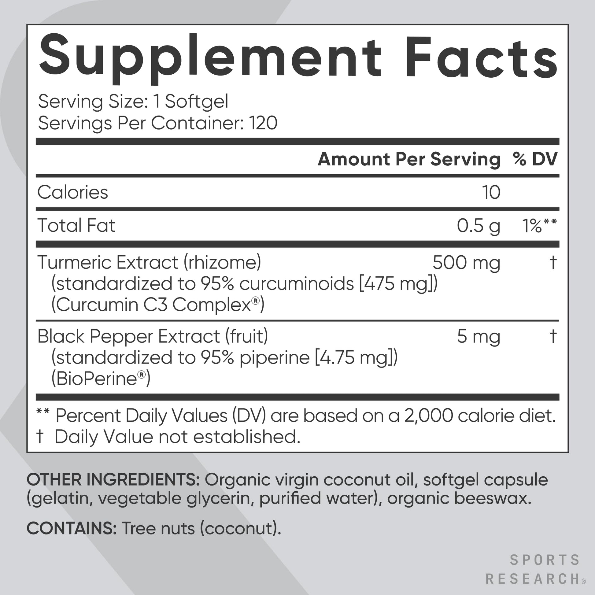 Sports Research® Turmeric Curcumin C3 Complex® w/BioPerine Black Pepper Extract & Organic Coconut Oil - Standardized 95% Curcuminoids · Non-GMO · Gluten Free - 120 Count Softgels - Maple Wellness Supplements