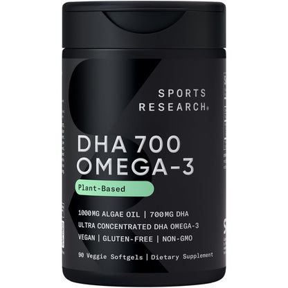 Sports Research® Vegan DHA 700mg - Cognitive Support, Brain Support, Supplement with Omega-3 DHA from Algae Oil - Vegan Certified · Non-GMO · Gluten Free - 90 Count Softgels - Maple Wellness Supplements