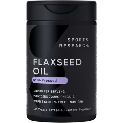 Sports Research® Vegan Flaxseed Oil (1200mg) Herbal Supplement with Plant-Based ALA Omega 3 - Vegan Certified & Non-GMO Verified - Gluten, Soy & Carrageenan Free (180 Veggie Softgels) - Maple Wellness Supplements