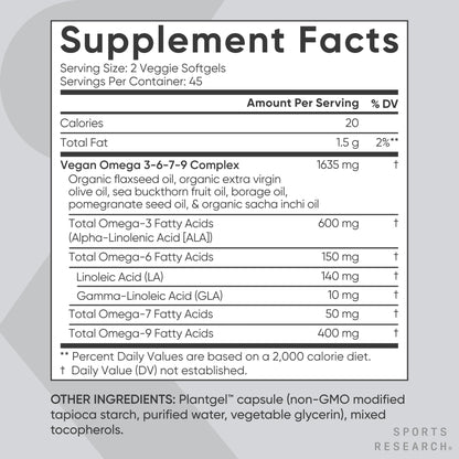 Sports Research® Vegan Omega 3-6-7-9 - 1200 mg of Multi-Spectrum Omega Fatty Acids Certified Non-GMO Formula with Sea Buckthorn & Borage Oil - 90 Veggie Softgels - Maple Wellness Supplements