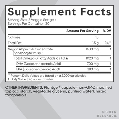 Sports Research Vegan Omega-3 Fish Oil Alternative from Algae Oil - Highest Levels of Vegan DHA & EPA Fatty Acids | Non-GMO Tested & Vegan Certified - 60 Veggie Softgels (Carrageenan Free) - Maple Wellness Supplements