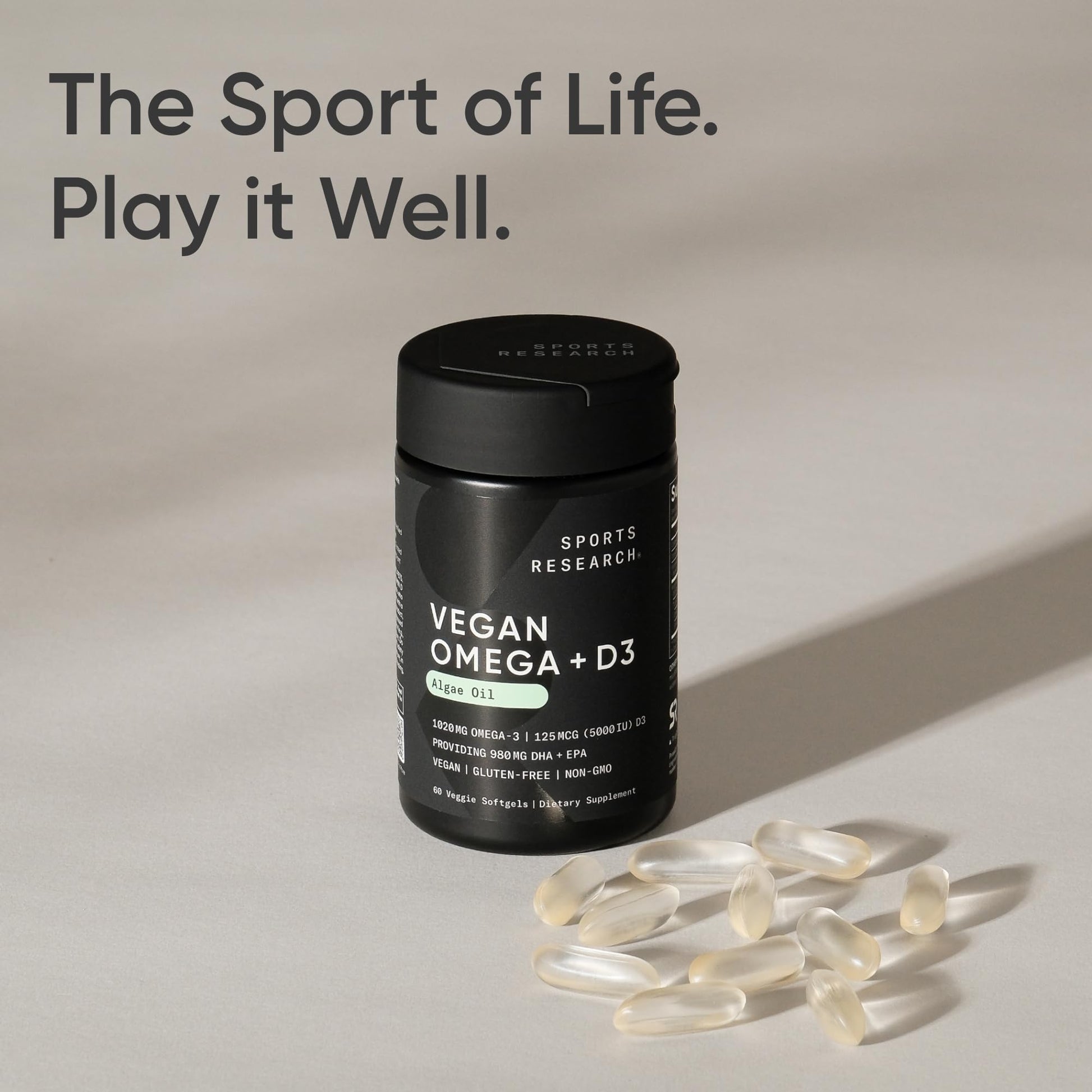 Sports Research Vegan Omega-3 with Vitamin D3 Softgels - 1020mg Omega-3 & 5000iu D3 Supplement - Fish Oil Alternative with Vitamin D Plant-Based Support from Algae Oil - 60 Veggie Softgels for Adults - Maple Wellness Supplements