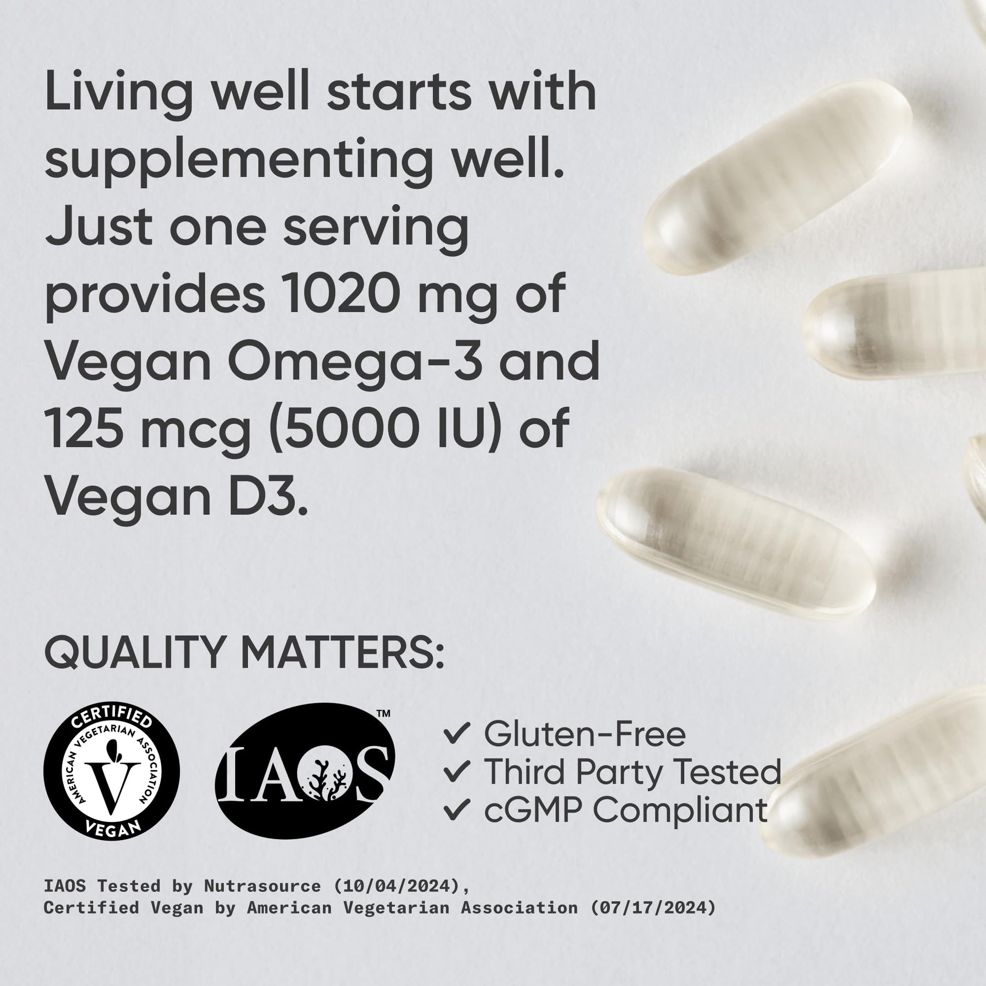 Sports Research Vegan Omega-3 with Vitamin D3 Softgels - 1020mg Omega-3 & 5000iu D3 Supplement - Fish Oil Alternative with Vitamin D Plant-Based Support from Algae Oil - 60 Veggie Softgels for Adults - Maple Wellness Supplements