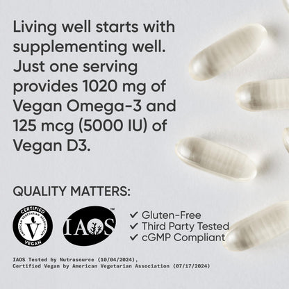 Sports Research Vegan Omega-3 with Vitamin D3 Softgels - 1020mg Omega-3 & 5000iu D3 Supplement - Fish Oil Alternative with Vitamin D Plant-Based Support from Algae Oil - 60 Veggie Softgels for Adults - Maple Wellness Supplements