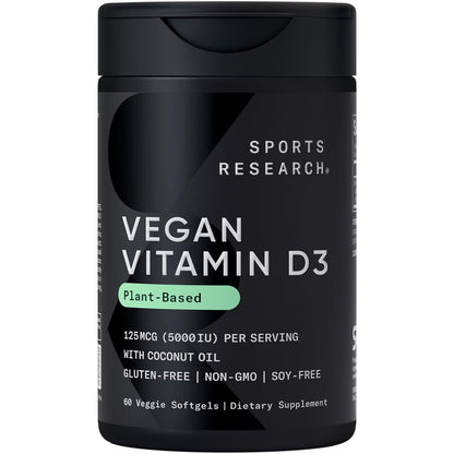 Sports Research Vegan Vitamin D3 5000IU (125 mcg) with Coconut Oil | 100% Plant-Based Vitamin D for Bone, Joint & Immune Support | Carrageenan Free, Vegan Certified & Non-GMO Verified (60 Softgels) - Maple Wellness Supplements