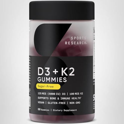 Sports Research® Vegan Vitamin D3 + K2 Sugar-Free Gummies - 125mcg (5000iu) Vitamin D w/ 100mcg Mk7 Vitamin K - Supports Bone & Immune Health - Maple Wellness Supplements