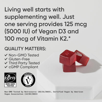 Sports Research® Vegan Vitamin D3 + K2 Sugar-Free Gummies - 125mcg (5000iu) Vitamin D w/ 100mcg Mk7 Vitamin K - Supports Bone & Immune Health - Maple Wellness Supplements