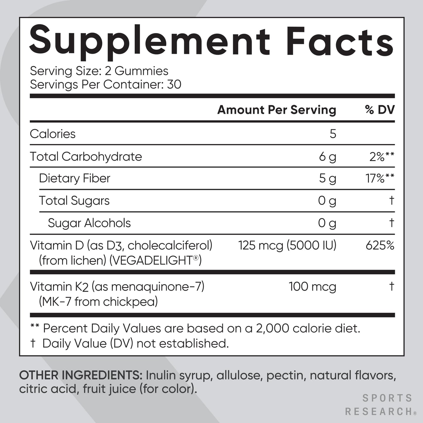 Sports Research® Vegan Vitamin D3 + K2 Sugar-Free Gummies - 125mcg (5000iu) Vitamin D w/ 100mcg Mk7 Vitamin K - Supports Bone & Immune Health - Maple Wellness Supplements