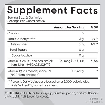 Sports Research® Vegan Vitamin D3 + K2 Sugar-Free Gummies - 125mcg (5000iu) Vitamin D w/ 100mcg Mk7 Vitamin K - Supports Bone & Immune Health - Maple Wellness Supplements
