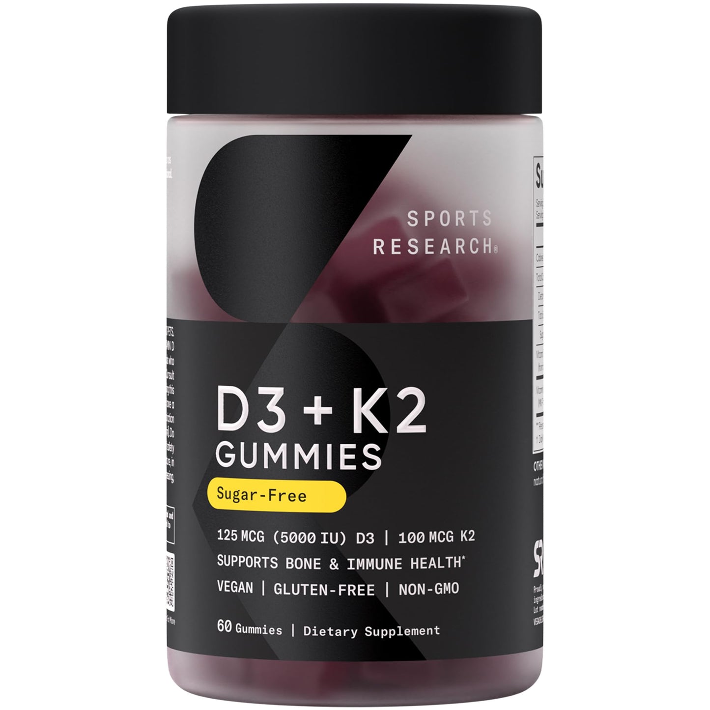 Sports Research® Vegan Vitamin D3 + K2 Sugar-Free Gummies - 125mcg (5000iu) Vitamin D w/ 100mcg Mk7 Vitamin K - Supports Bone & Immune Health - Maple Wellness Supplements