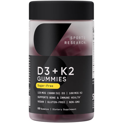 Sports Research® Vegan Vitamin D3 + K2 Sugar-Free Gummies - 125mcg (5000iu) Vitamin D w/ 100mcg Mk7 Vitamin K - Supports Bone & Immune Health - Maple Wellness Supplements