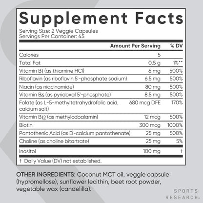 Sports Research Vitamin B-Complex - Full Spectrum of B Vitamins - 90 Liquid Veggie Capsules - Maple Wellness Supplements