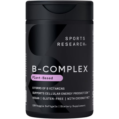 Sports Research® Vitamin B-Complex - Full Spectrum of B Vitamins with Methylated B12 & Folate - Gluten Free · Plant-Based · Non-GMO · Vegan-Friendly Formula - 120 Veggie Softgels - Maple Wellness Supplements