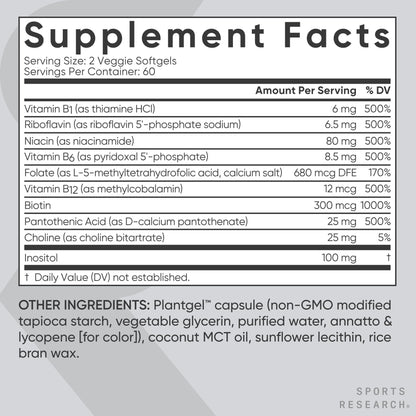 Sports Research® Vitamin B-Complex - Full Spectrum of B Vitamins with Methylated B12 & Folate - Gluten Free · Plant-Based · Non-GMO · Vegan-Friendly Formula - 120 Veggie Softgels - Maple Wellness Supplements