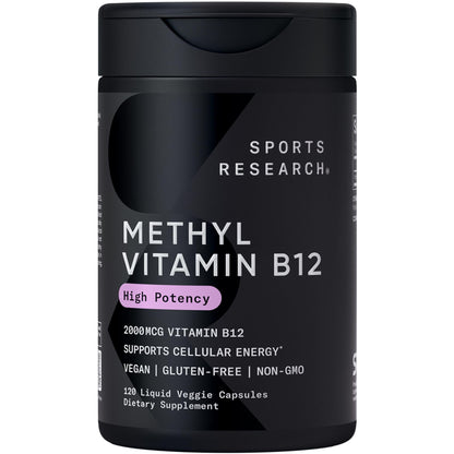 Sports Research® Vitamin B12 as Methylcobalamin 2000mcg - Plant Based B12 w/Coconut MCT Oil for Energy Metabolism Support - Vegan Certified · Non-GMO · Gluten Free - 120 Liquid Caps - Maple Wellness Supplements