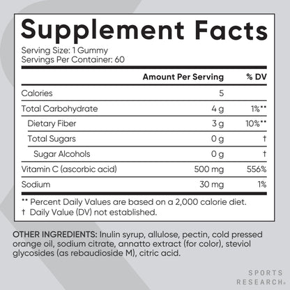 Sports Research­® Vitamin C Gummies | 500 mg Vitamin C | Sugar Free, Gelatin Free, Vegan Certified & Non-GMO Tested | Immune & Antioxidant Support 60 Gummies - Maple Wellness Supplements