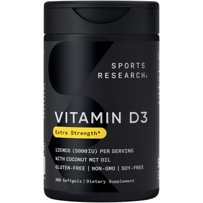 Sports Research Vitamin D3 5000 IU with Coconut MCT Oil - High Potency Vitamin D Supplement for Immune & Bone Support - Non-GMO Verified, Gluten & Soy Free – 125mcg, 360 Liquid Softgels - Maple Wellness Supplements