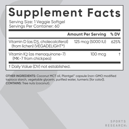 Sports Research® Vitamin D3 + K2 w/ Coconut Oil - Vegan Vitamin D 5000iu & Mk7 Vitamin K 100mcg for Bone & Immune Support - Vegan Certified · Non-GMO · Soy Free - 60 Softgels - Maple Wellness Supplements
