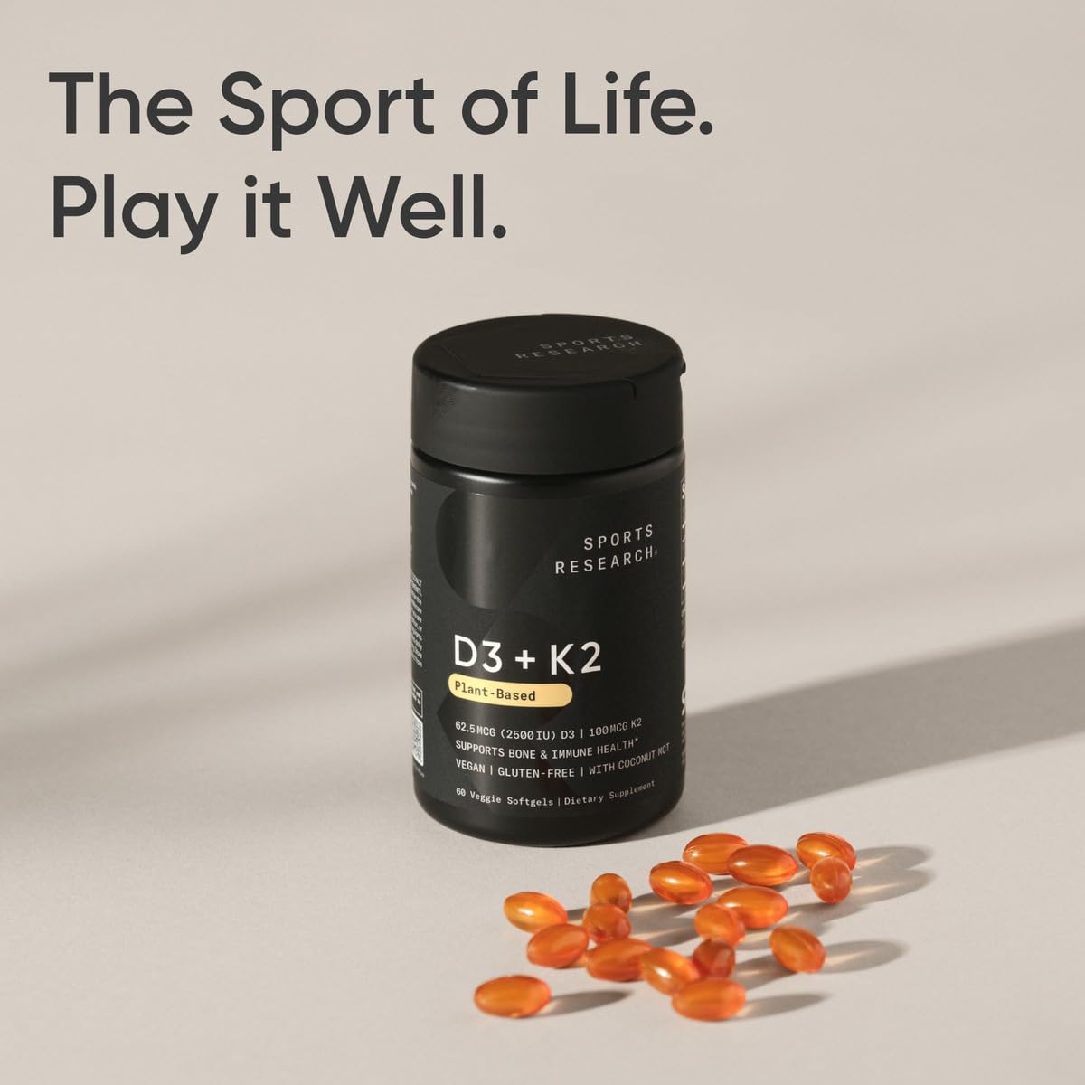 Sports Research® Vitamin D3 + K2 w/Coconut Oil - Vegan Vitamin D 2500iu (62.5mcg) & Mk7 Vitamin K 100mcg for Bone & Immune Support - Vegan Certified - Maple Wellness Supplements