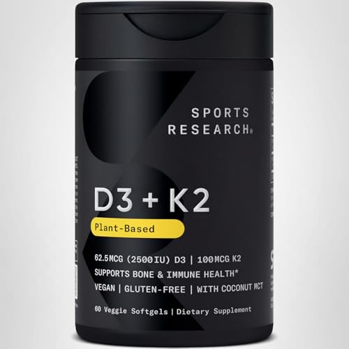 Sports Research® Vitamin D3 + K2 w/Coconut Oil - Vegan Vitamin D 2500iu (62.5mcg) & Mk7 Vitamin K 100mcg for Bone & Immune Support - Vegan Certified - Maple Wellness Supplements