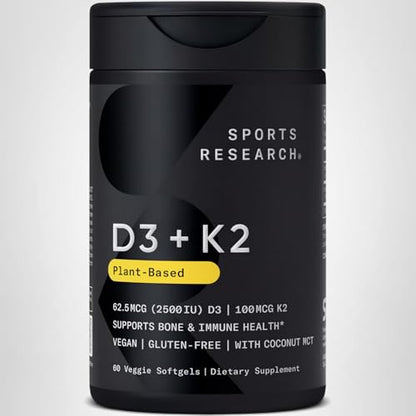 Sports Research® Vitamin D3 + K2 w/Coconut Oil - Vegan Vitamin D 2500iu (62.5mcg) & Mk7 Vitamin K 100mcg for Bone & Immune Support - Vegan Certified - Maple Wellness Supplements