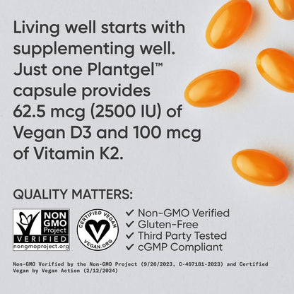 Sports Research® Vitamin D3 + K2 w/Coconut Oil - Vegan Vitamin D 2500iu (62.5mcg) & Mk7 Vitamin K 100mcg for Bone & Immune Support - Vegan Certified - Maple Wellness Supplements